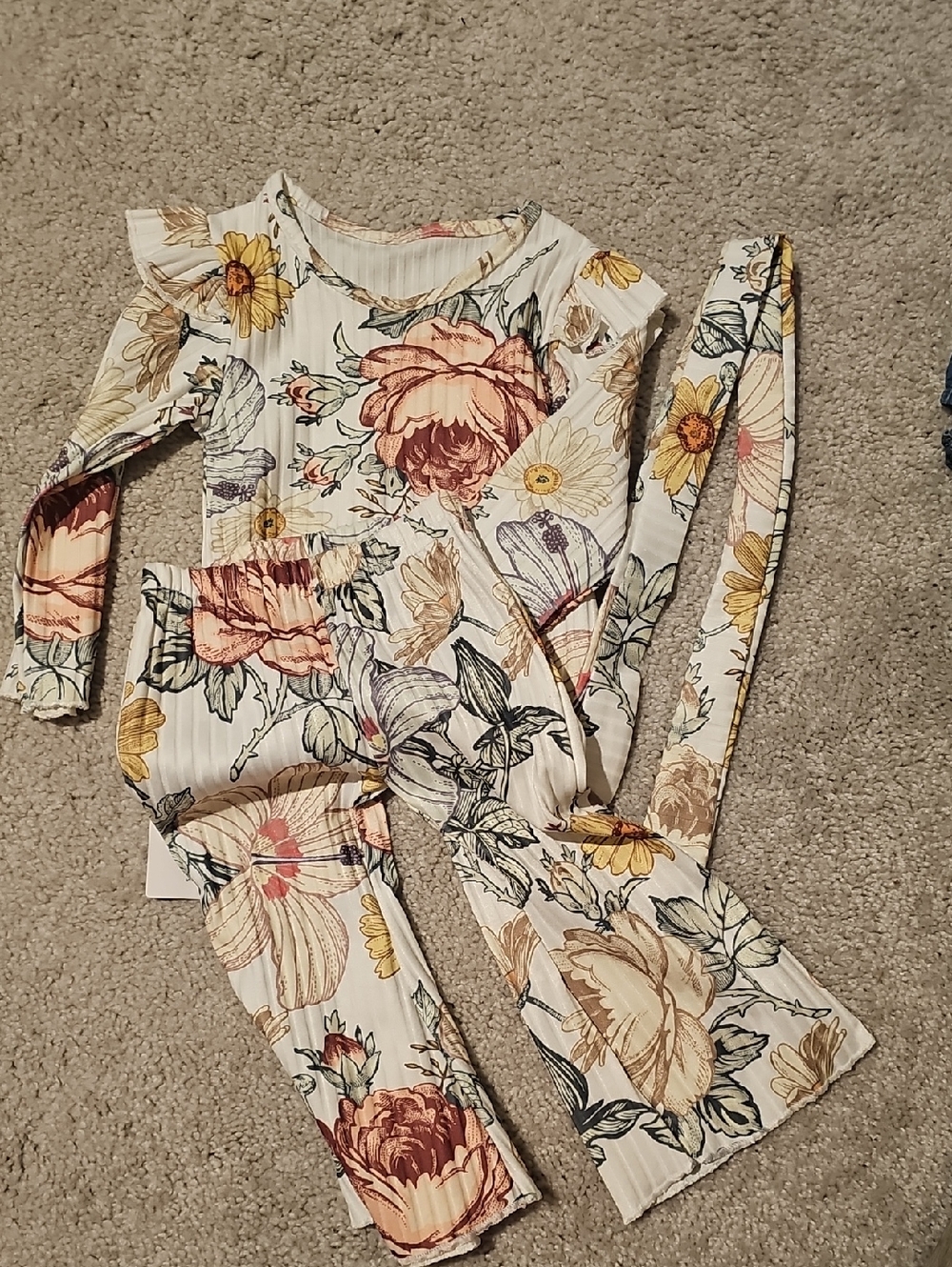 Girls Floral Ruffle Shoulder Pajama Set - Ivory with Pink & Yellow Flowers